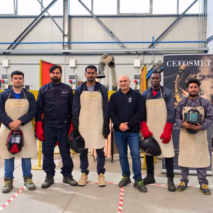 Gruppo di sei uomini in posa all'interno di un'officina industriale. Cinque di loro indossano abbigliamento da lavoro composto da tute scure, grembiuli in pelle chiara con il logo Cefosmet, scarpe antinfortunistiche e spessi guanti rossi protettivi, tenendo in mano maschere da saldatore. L'uomo al centro indossa abiti casual, con una felpa nera e jeans blu. Sullo sfondo si notano attrezzature industriali, barriere di sicurezza gialle e, sulla destra, un banner espositivo nero con la scritta Cefosmet.