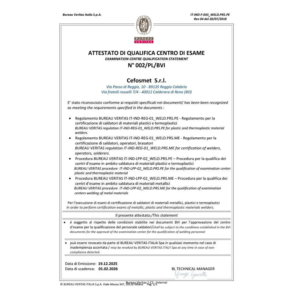 Attestato di qualifica centro d'esame Bureau Veritas a Bologna per saldatori.